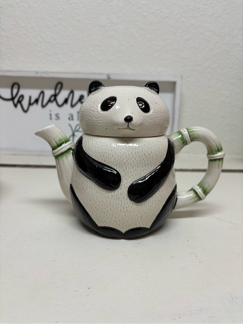 Panda Ceramic Teapot with Bamboo Handle - White & Black